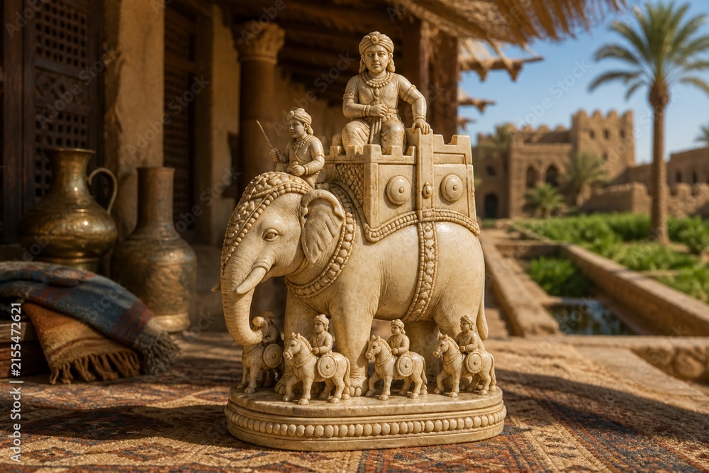 Fototapeta premium Ninth Century Sindh Inspired Elephant Chessman in a Fortified Court