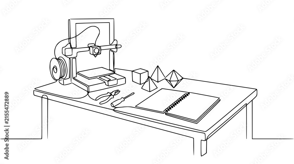 Fototapeta premium 3D Printer Setup with Geometric Shapes and Tools on Table, Line Art