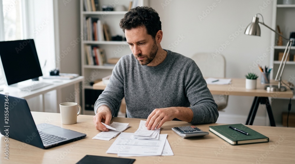 Fototapeta premium Self Employed Freelancer Organizing Expenses for Quarterly Taxes