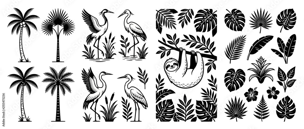 Obraz premium Tropical Elements Collection: Palm Trees, Birds, Sloth, and Leaves