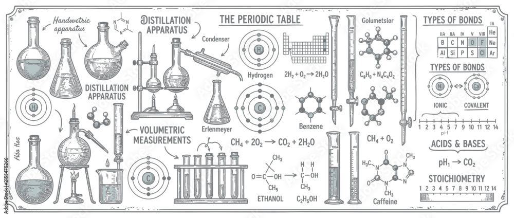 Fototapeta premium Vintage Chemistry Science Laboratory Equipment and Diagrams