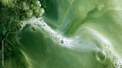 Abstract green liquid swirls with bubbles