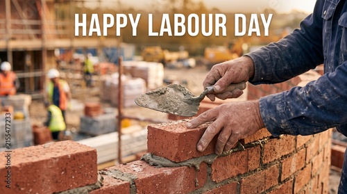 Construction worker building brick wall on Labour Day celebration with tools and materials