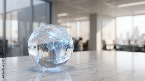 Crystal clear glass globe reflecting modern office interior on sleek marble tabletop surface