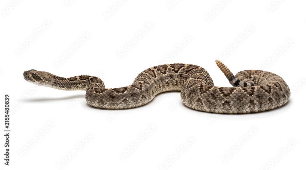 Naklejka premium A coiled rattlesnake isolated on a white background.