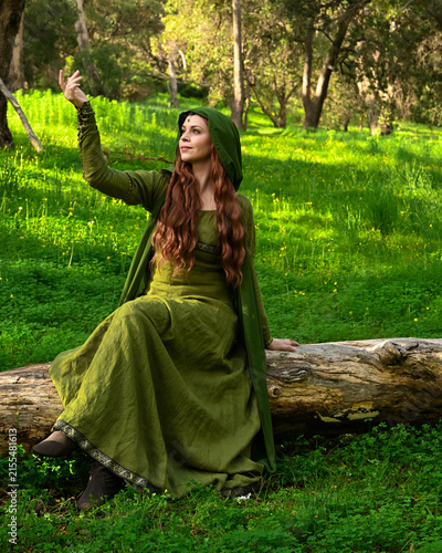 full length portrait of beautiful female model, wearing green medieval historical gown costume with cape. sitting figure pose on tree branch.  Magical lake forest background 