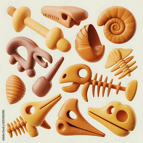 3d Cartoonish Collection of ancient prehistoric fossils and artifacts isolated on white background 
