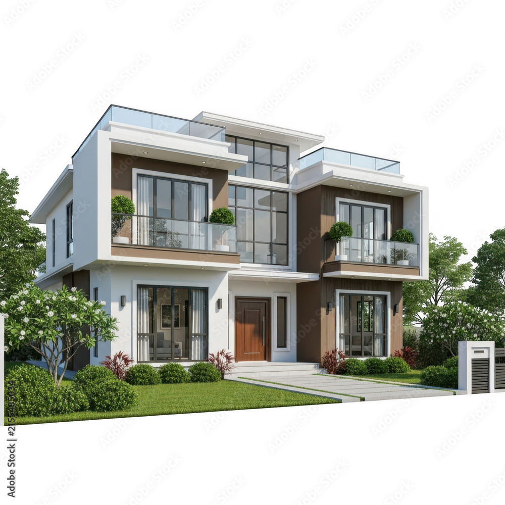 Fototapeta premium Modern luxury two-story residential villa with glass balconies and a spacious front yard