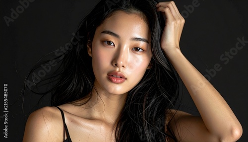 Close-up beauty portrait of young Korean woman running fingers through sleek black hair, black background, K-beauty concept