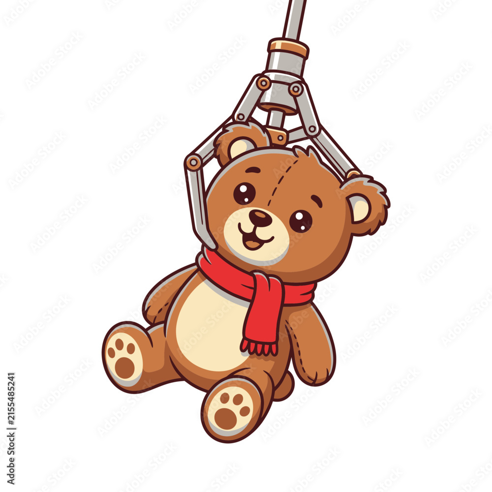 Obraz premium Teddy bear with scarf caught by a claw crane.
