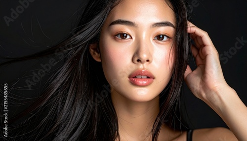 Close-up beauty portrait of young Korean woman running fingers through sleek black hair, black background, K-beauty concept
