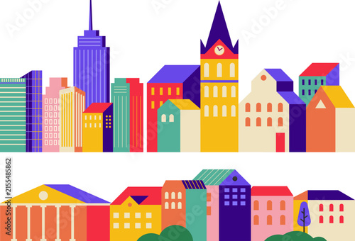 Colorful City Skyline and Town Buildings Vector Illustration Set