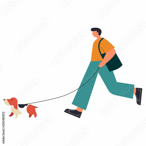 Man Walking a Dog on a Leash Vector Illustration