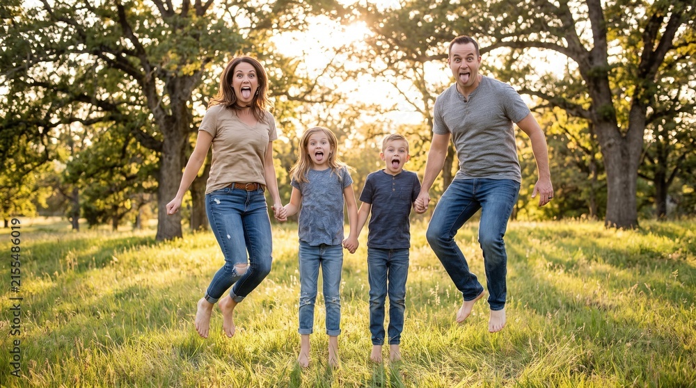 Fototapeta premium Energetic Family Jumping on Grass During a Fun Outdoor Moment