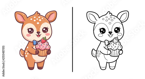 Cute kawaii deer cupcake kids coloring worksheet vector