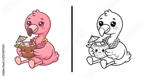 Cute kawaii flamingo coconut drink kids coloring worksheet vector