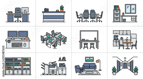 Office Icon Set Desks Meeting Room Reception Cubicles Kitchen Hallway Furniture Equipment