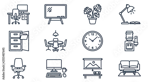 Office icon set isolated on transparent background desk chair whiteboard plant lamp filing cabinet meeting table clock water cooler computer projector sofa