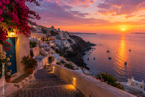 Beautiful sunset landscape view of Oia village in Santorini island Greece with pink flowers and Aegean sea
