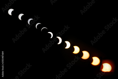 Quadro su tela Partial or total solar eclipse phases, moon passes between earth and sun disk, c