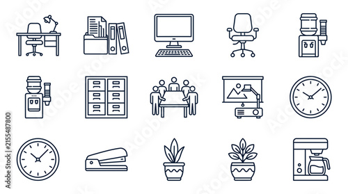 Office Icon Set Isolated Vector Graphics of Workplace Essentials and Equipment on Transparent Background