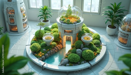 Futuristic indoor ecosystem with circular terrarium garden, automated hydroponic pods, biophilic architecture