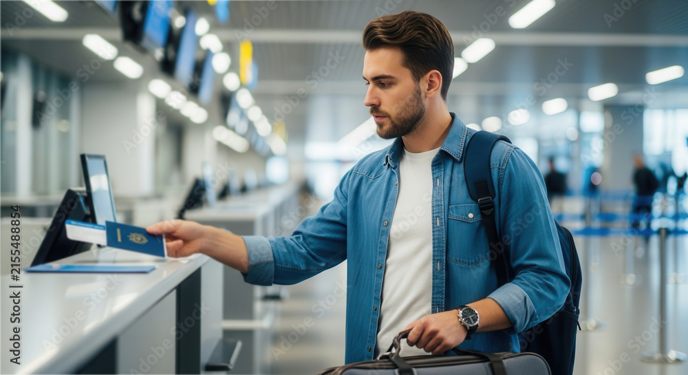 Fototapeta premium A focused young traveler in a casual denim jacket hands over a passport at an airport immigration self-service kiosk in a modern terminal with bright lighting and a busy yet orderly atmosphere.