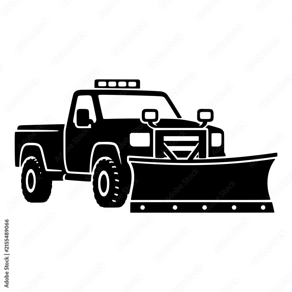Naklejka premium Pickup truck with snow plow blade and roof light bar, black silhouette for Winter Road Maintenance and Snow Removal Services