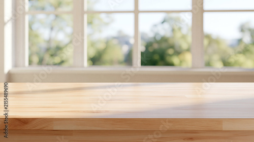 Sunlit Table by the Window: A warm, empty wooden table catches the morning sun, set against a soft-focus backdrop of a window revealing a tranquil, sun-dappled garden outside.