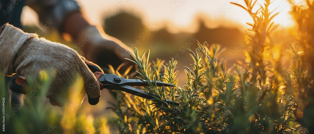 Fototapeta premium Gardener pruning plants during golden hour.