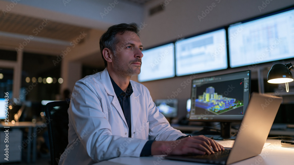 Fototapeta premium Focused Engineer at Work: A determined engineer in a lab coat works late into the night, his gaze fixed on the computer screen displaying complex 3D models.