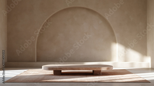 Minimalist Aesthetic Display: A serene, sun-drenched interior featuring a textured arched wall, a low-profile wooden platform on a textured rug, evoking a sense of calm and modern elegance.