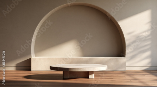 Minimalist Arch Display: A modern archway serves as a backdrop for a simple, circular display platform, casting elegant shadows across the wooden floor in a serene, earthy-toned composition.