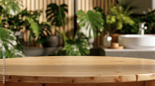 Green Oasis Bathroom: A bright and airy bathroom sanctuary, adorned with lush green plants, featuring a modern sink and a wooden vanity, creating a serene and natural ambiance.
