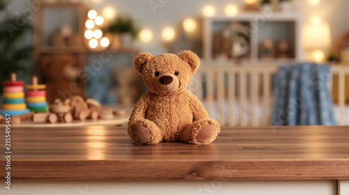 Cuddly Companion: A classic brown teddy bear sits attentively on a wooden table, with a nursery room filled with soft lights and toys creating a warm and inviting atmosphere.