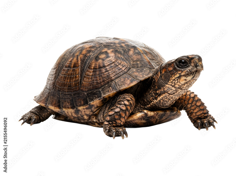 Obraz premium Detailed studio shot of an eastern box turtle isolated on white background.