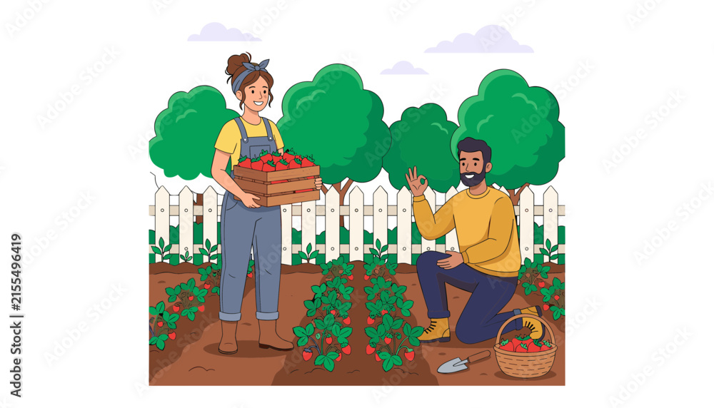 Fototapeta premium Happy couple harvesting fresh red strawberries in garden vector illustration with farm workers crate basket plants fence trees