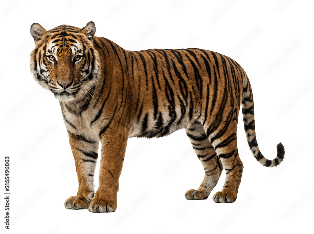 Obraz premium Majestic Bengal tiger standing proudly on white background.