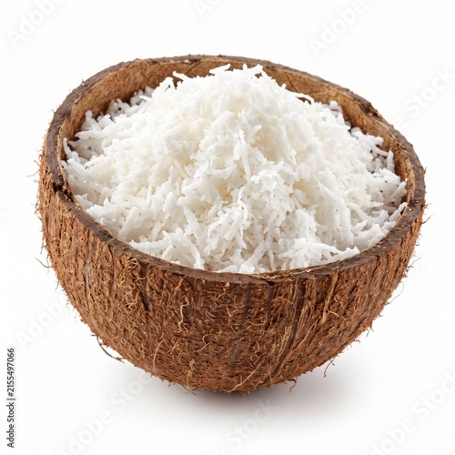 Fresh shredded coconut in a coconut shell bowl isolated on white background