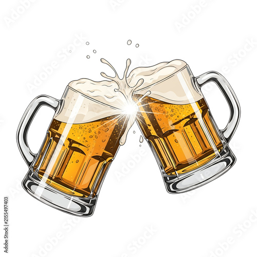 Two beer mugs clinking together with foam splashing.