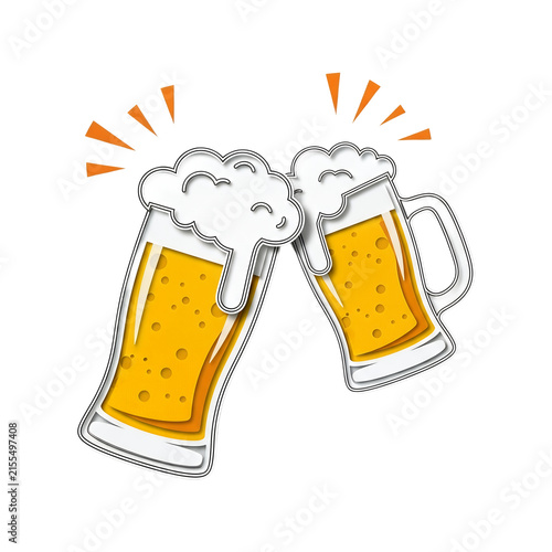 Two mugs of beer clinking together in a celebratory toast vector illustration.