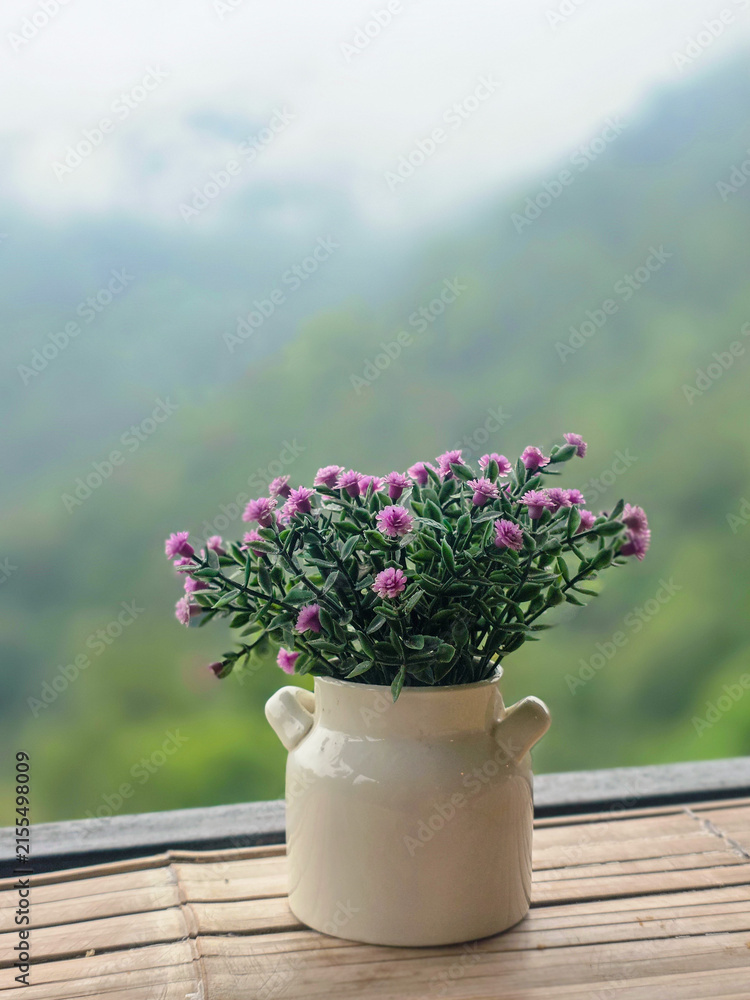 Obraz premium Potted plant purple flower ceramic pot green leaf balcony scene mountain view