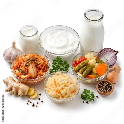 Probiotic Foods Collection with Greek Yogurt, Kefir, Kimchi and Sauerkraut