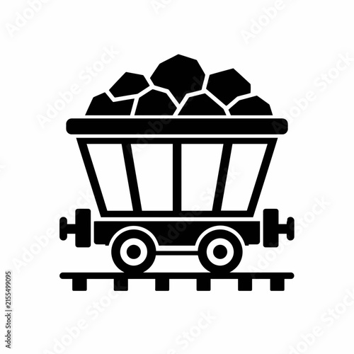 Black and white illustration of a mining cart loaded with coal.