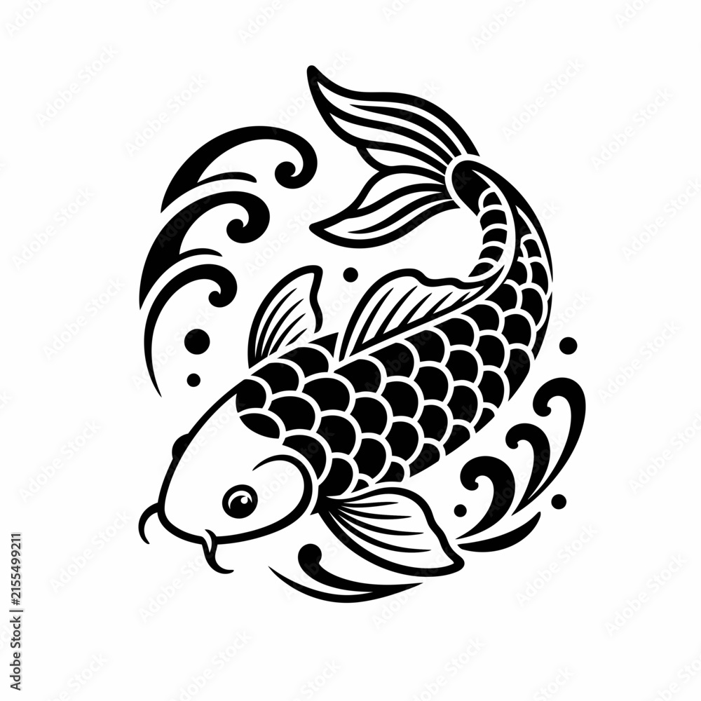 Fototapeta premium Elegant black and white koi fish illustration with flowing water.