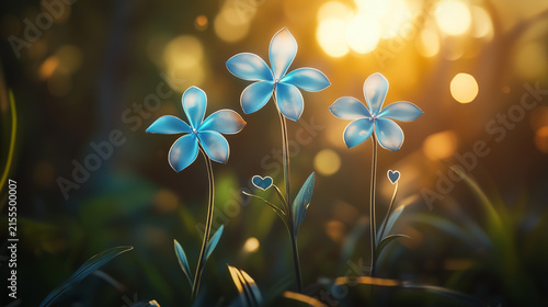 Three Glowing Blue Flowers at Sunset