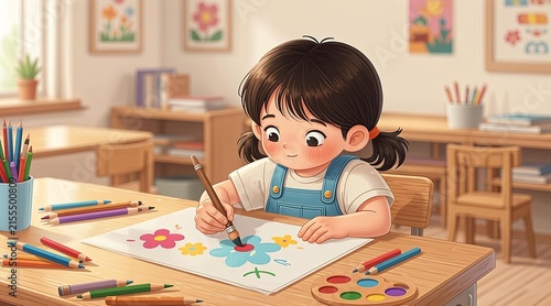 Young girl happily painting a colorful flower picture with watercolors and crayons in a classroom setting