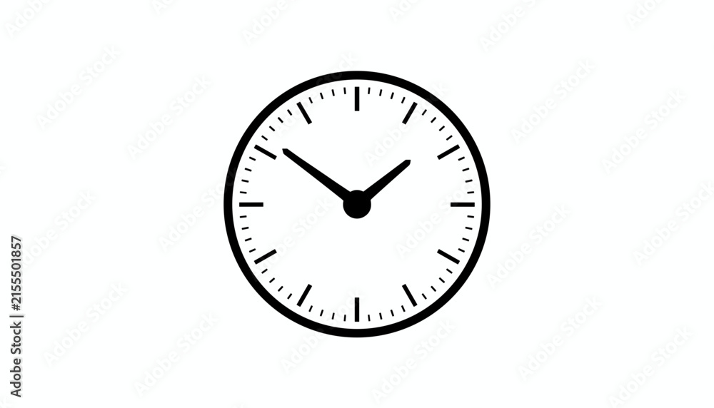 Fototapeta premium Symmetrical minimalist black and white line art drawing of a wall clock showing ten minutes past ten o'clock.