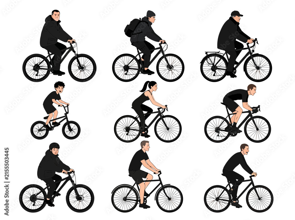 Fototapeta premium Set of Diverse People Riding Various Bicycles and Mountain Bikes Flat Illustrations