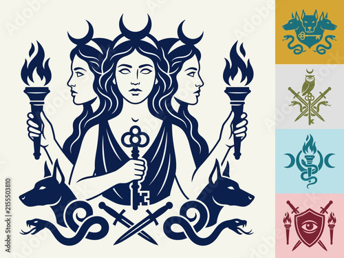 Принти на полотні Goddess Hecate Greek Mythology Triple Faced Deity and Sacred Symbols Vector Icon